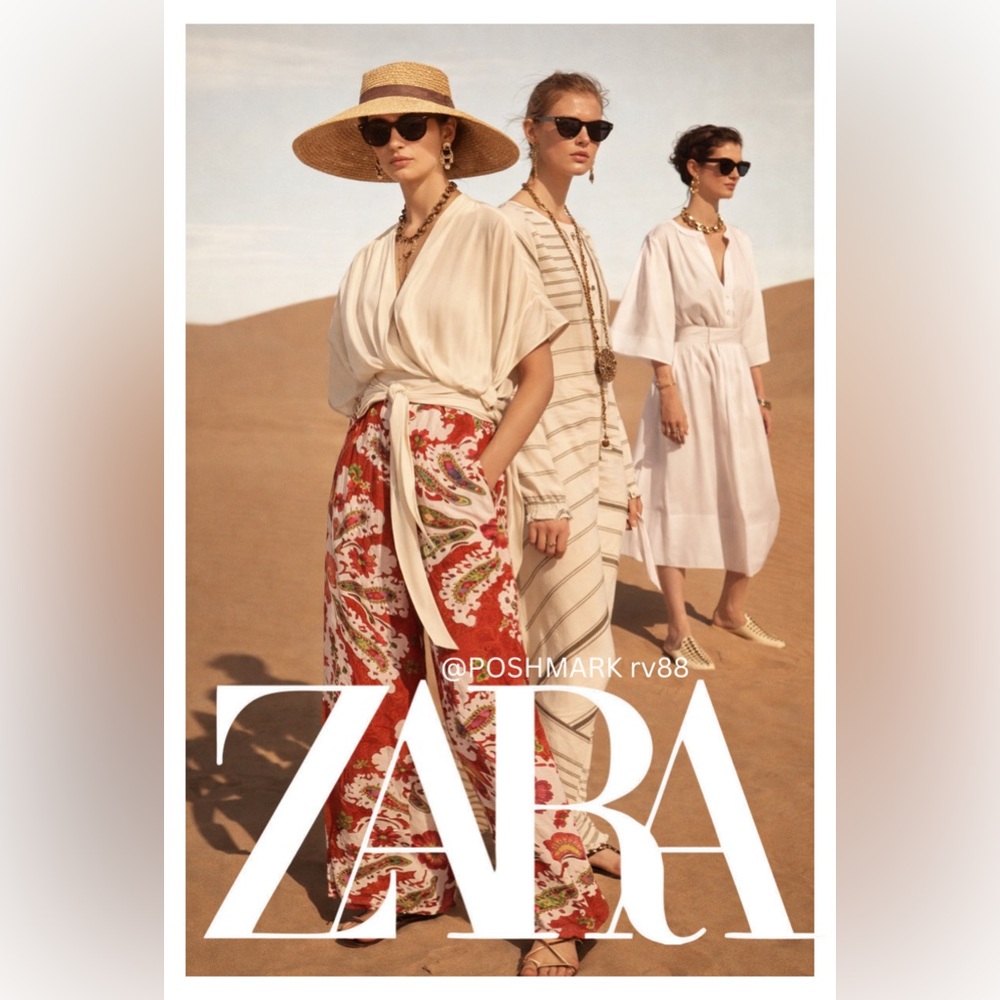 ZARA Linen Floral Print Long Wide Pant